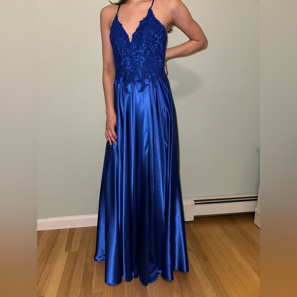 Royal Blue 00 Satin Prom Dress with Corset Tie - Picture 5 of 9